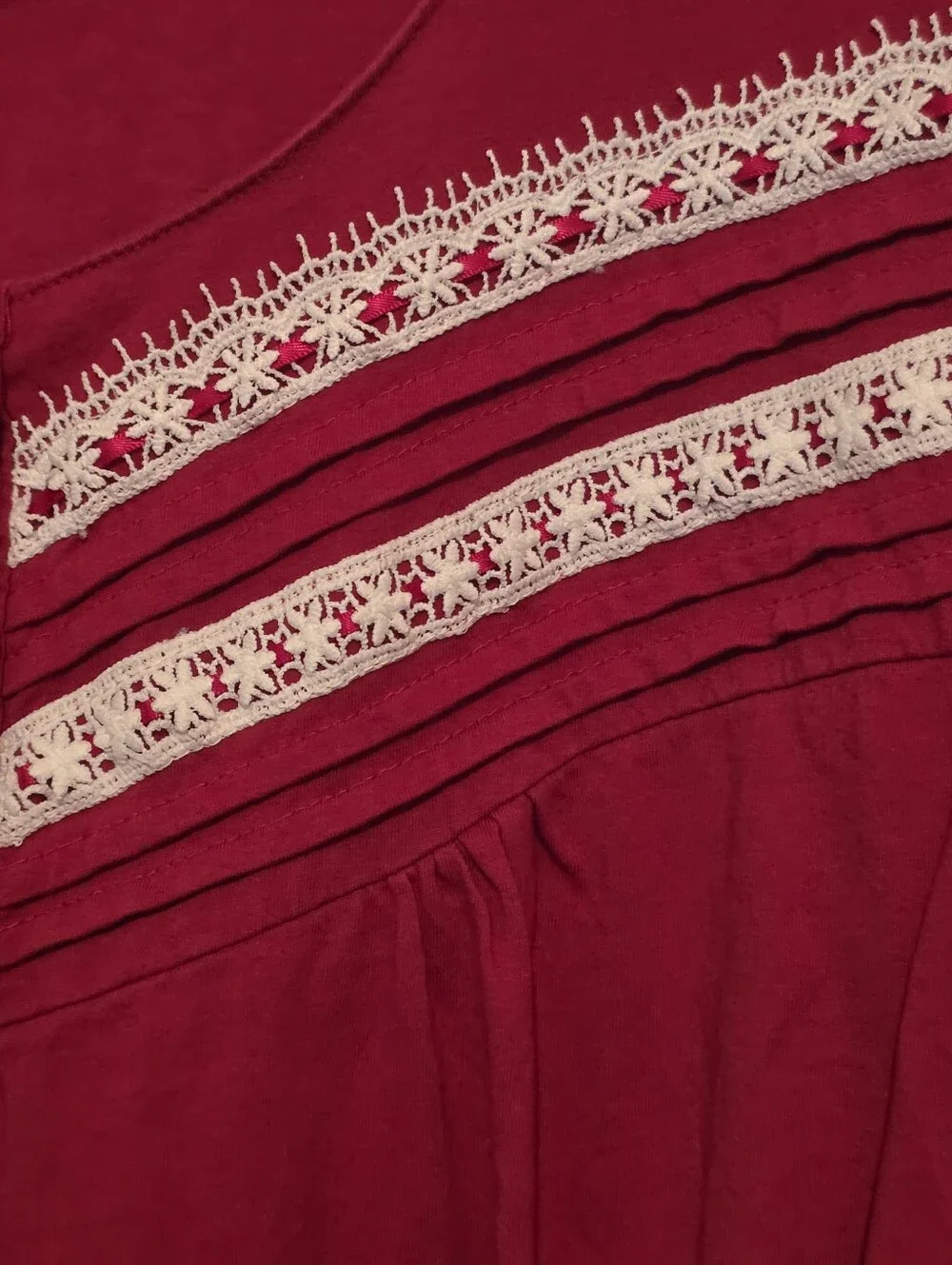 Keyocean 100% Cotton Longsleeve Red Nightgown White Embroidered Detail L EUC